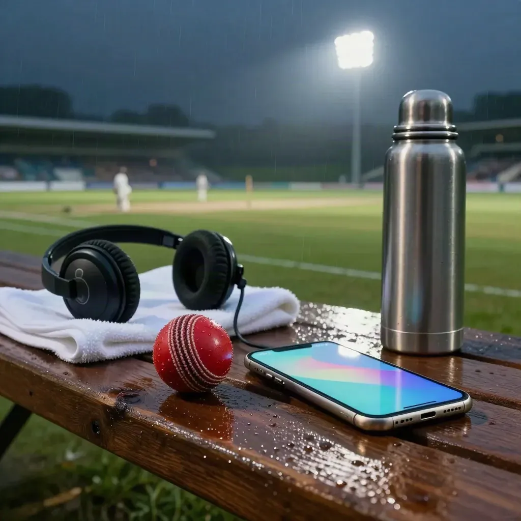 Wet boundary bench with a glowing match phone, red ball, headset, towel and thermos at a floodlit oval.