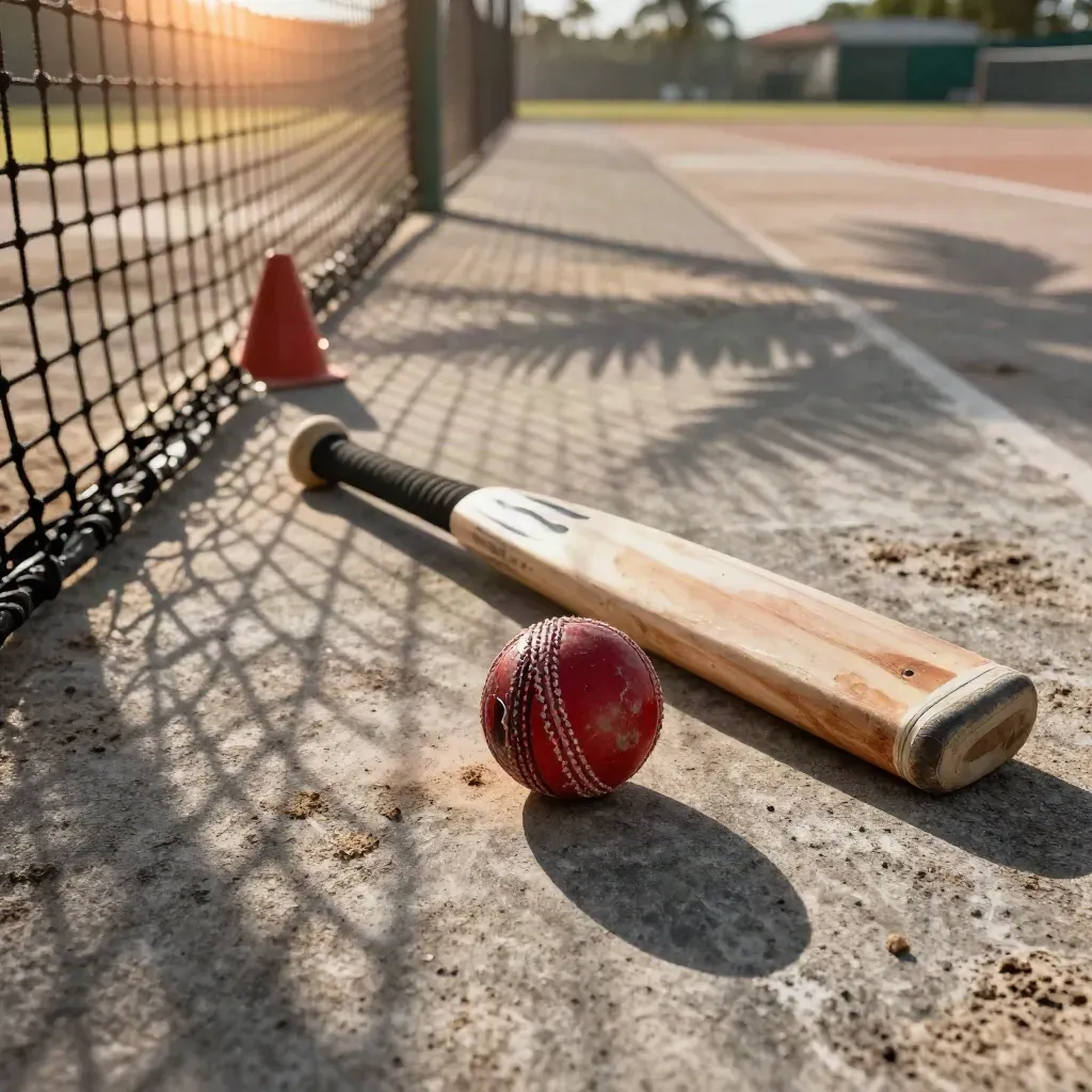 Cricket nets lane with red ball, taped bat handle, cones, and palm shadows in warm light