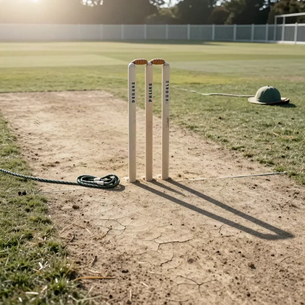 Cracked Perth wicket with stumps, rope coil, cap, and dusty afternoon light.
