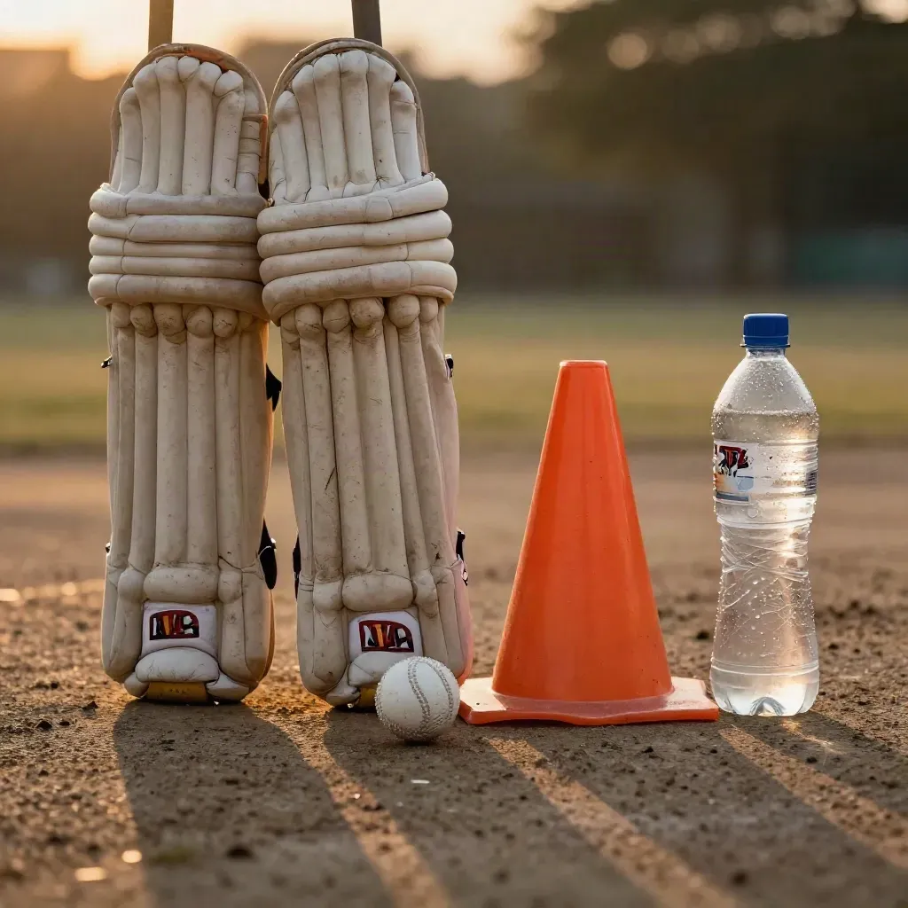 IPL practice gear in warm sunset light: ball, cone, pads and water bottle on concrete.
