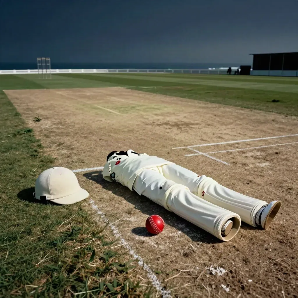Red ball, white covers, and a wool cap on a moody cricket pitch in coastal light.