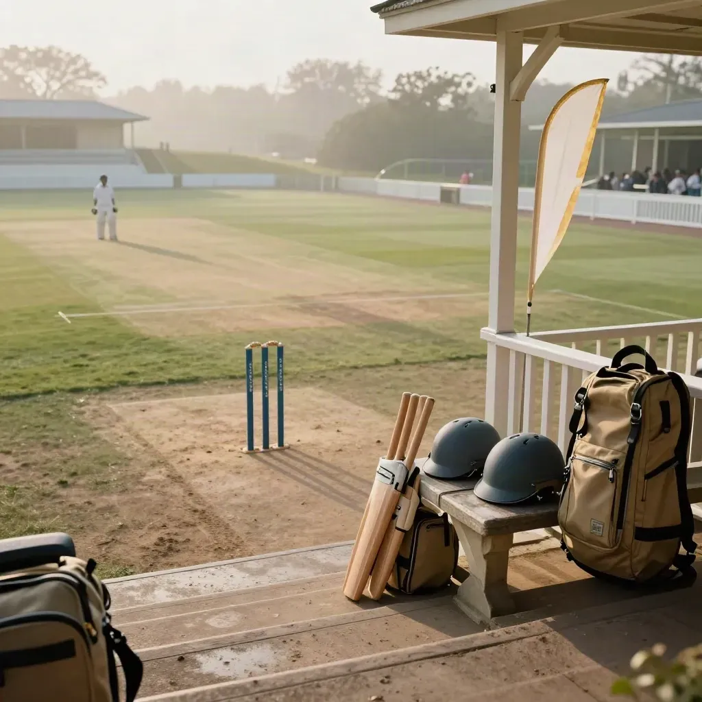 Youth cricket square at dawn with helmets, kit bags and flags in soft mist.