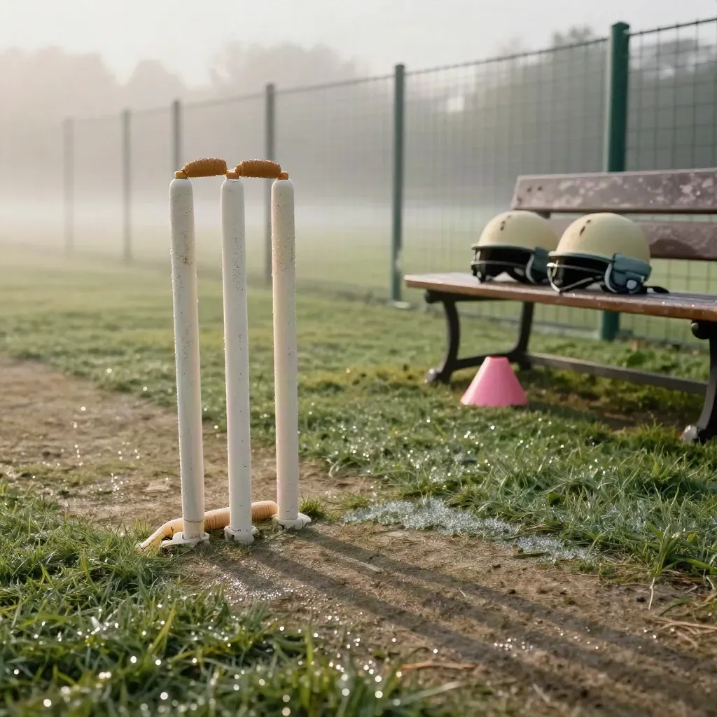 Dewy women’s cricket ground at sunrise with stumps, helmets, cone, and misty grass.
