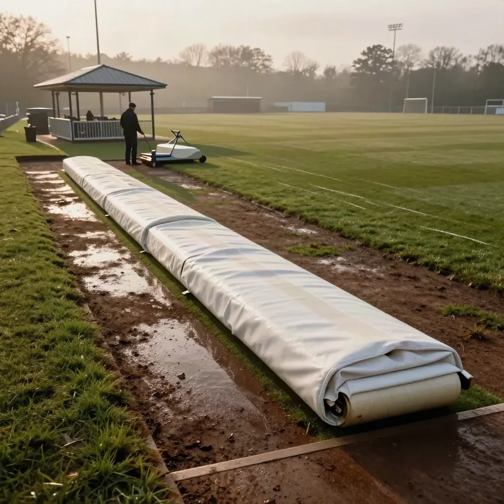 County cricket outfield with covers, roller, and damp scoreboard hut in soft drizzle
