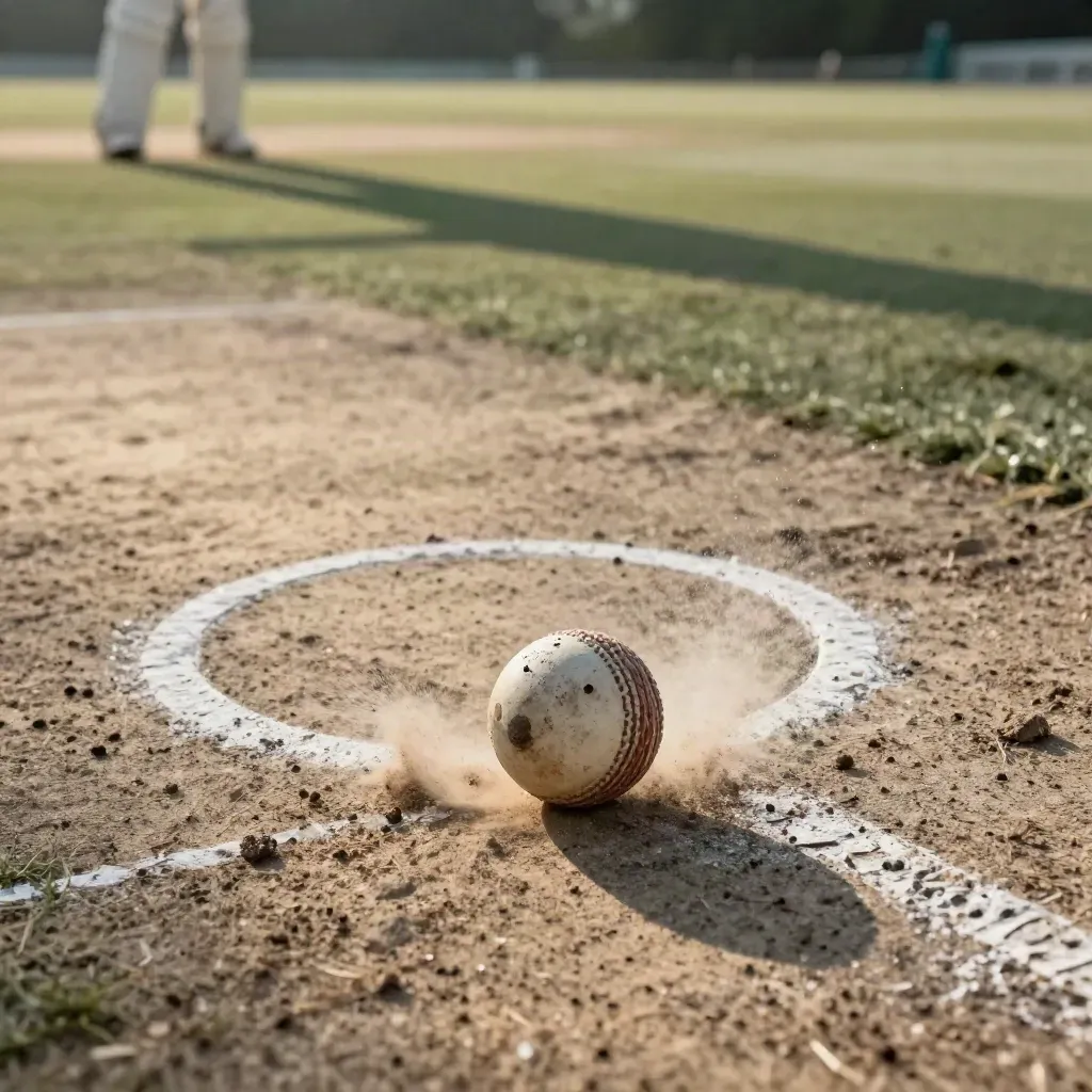Cricket ball turning off a dry pitch beside chalk markings in warm late-afternoon light.