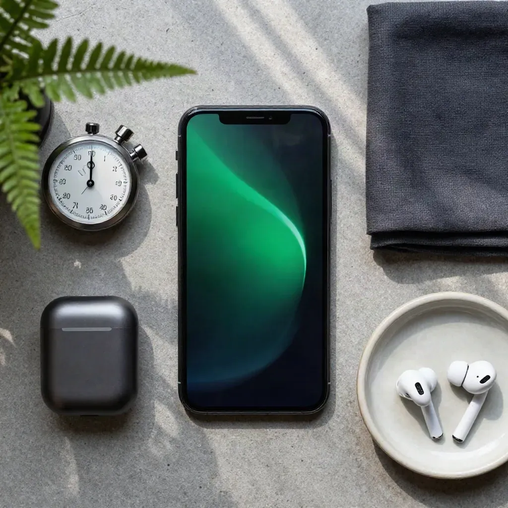 Top-down flatlay of a smartphone, stopwatch, earbuds case and fern on concrete with a green glow