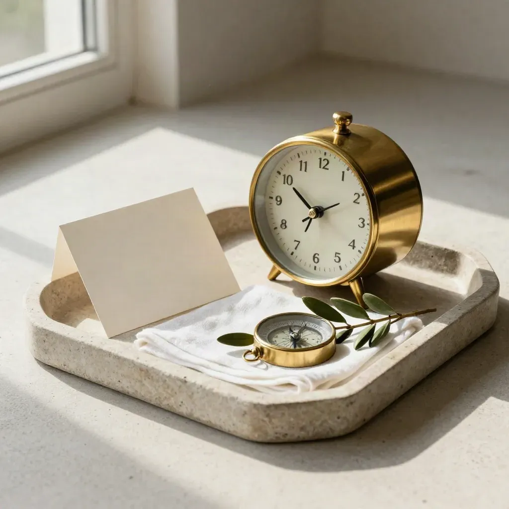 Brass clock, compass, face-down fixture card and olive sprig on a stone tray.