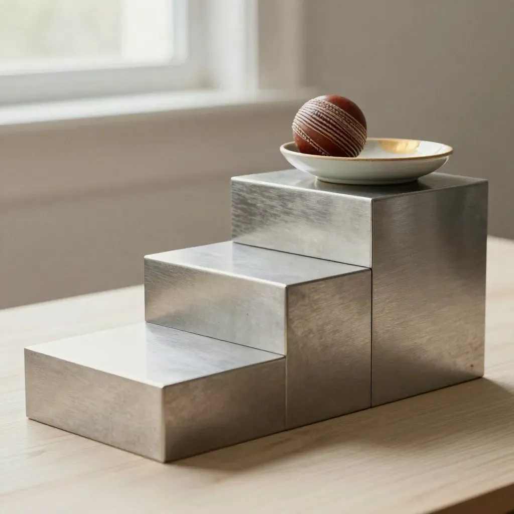 Brushed-metal podium blocks with a cricket ball and ceramic dish on pale wood